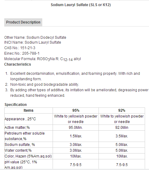 Sodium Lauryl Sulfate 95% /SLS
